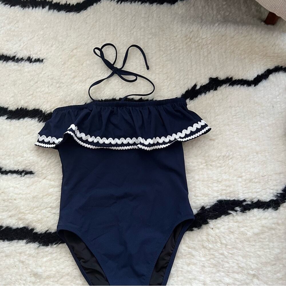 J. Crew Navy Halter Ric Rac Ruffle One Piece Swimsuit - Picture 3 of 7